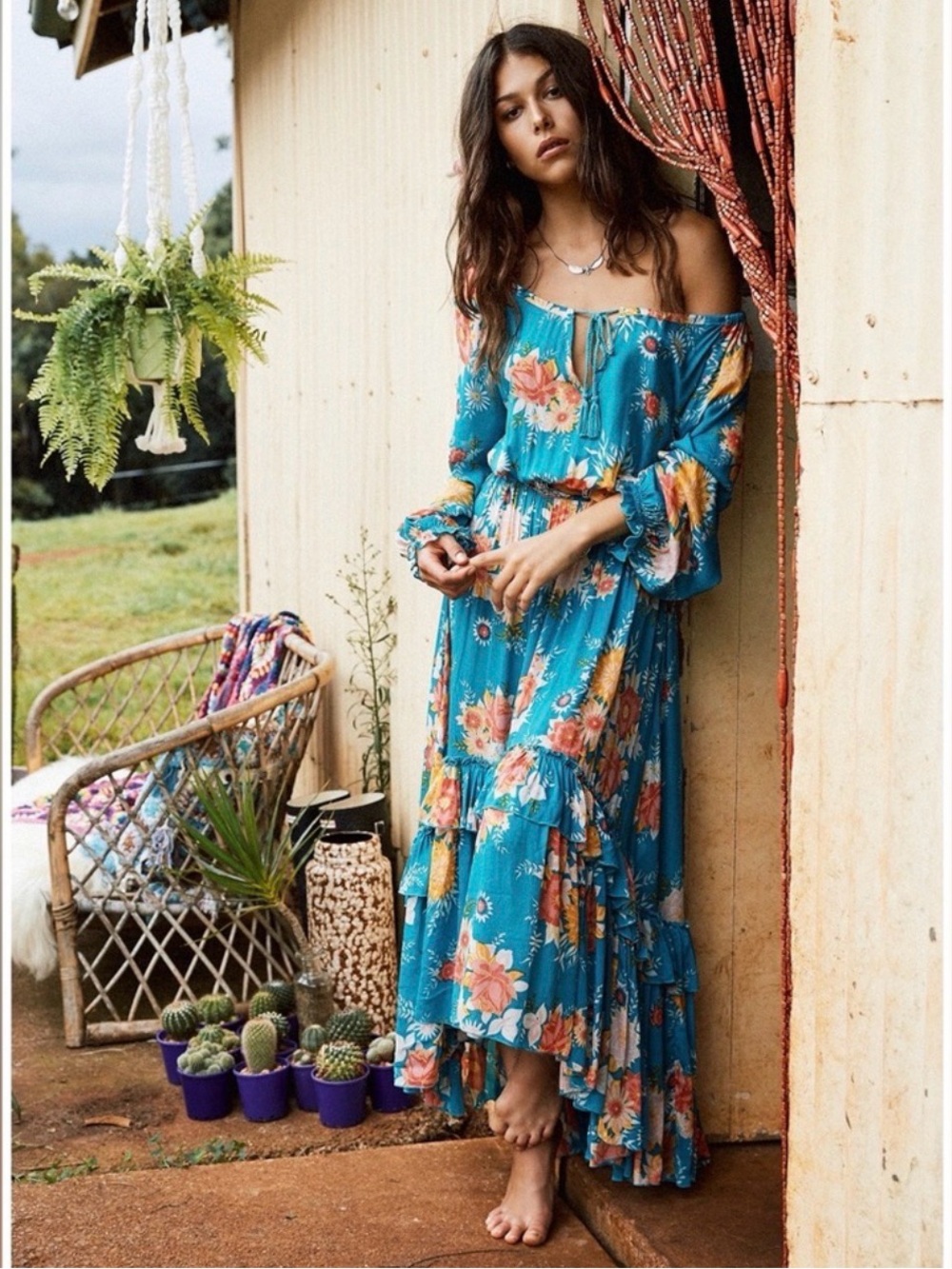 Spell RARE Jagger Dress Teal Floral Off-Shoulder Maxi Dress Sz. S